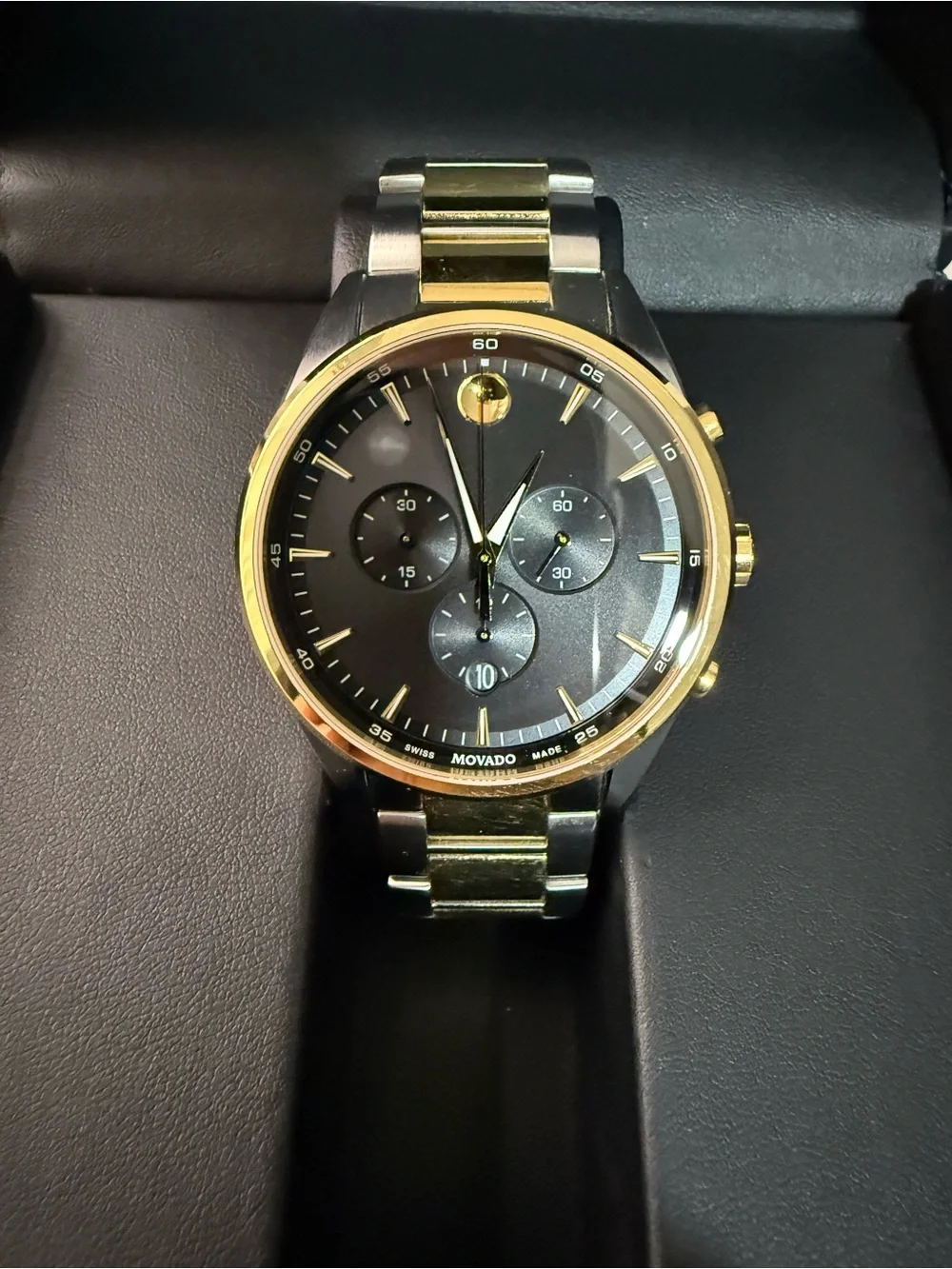 Movado Two Tone Bracelet Watch with Black Dial